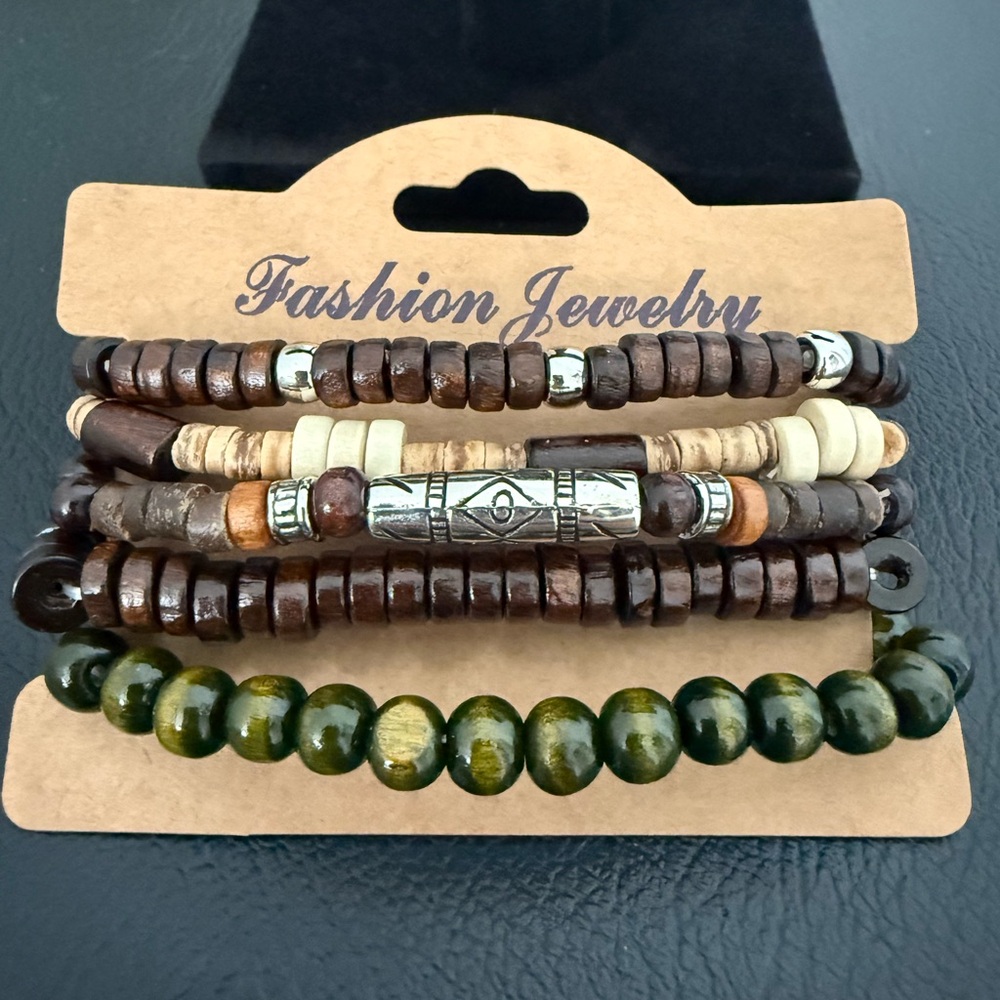 Brown and Green Beaded Bracelet Set
